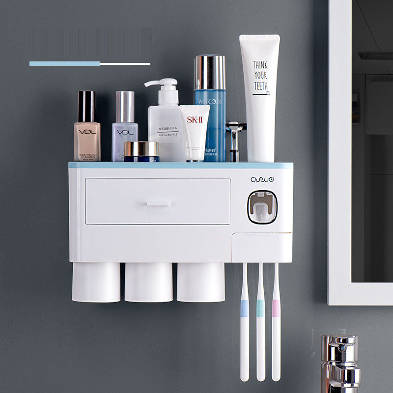 Wall-Mounted Toothbrush Holder Wash Set Household Magnetic Multi-Purpose Single Drawer Storage Rack With Toothpaste Squeezer