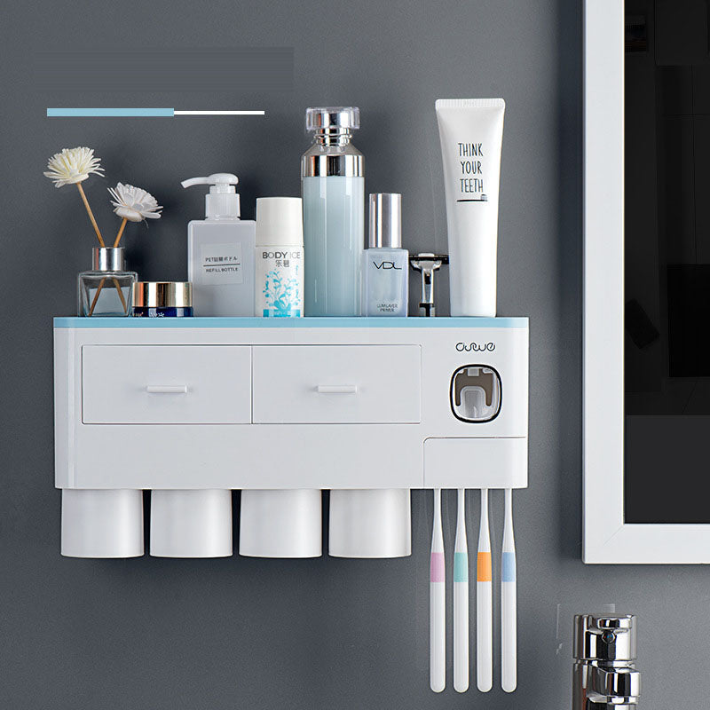 Wall-Mounted Toothbrush Holder Wash Set Household Magnetic Multi-Purpose Single Drawer Storage Rack With Toothpaste Squeezer