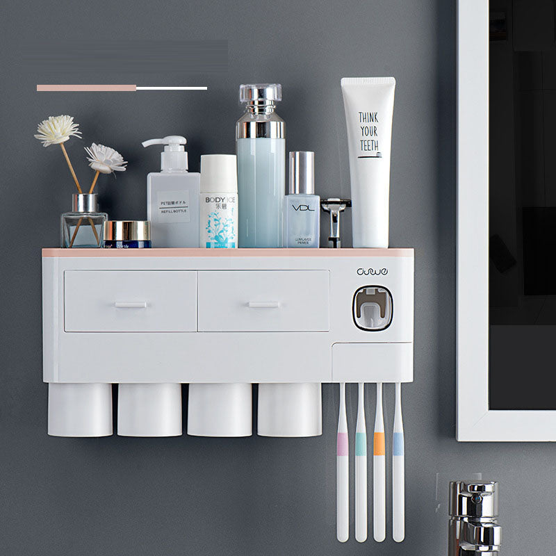 Wall-Mounted Toothbrush Holder Wash Set Household Magnetic Multi-Purpose Single Drawer Storage Rack With Toothpaste Squeezer