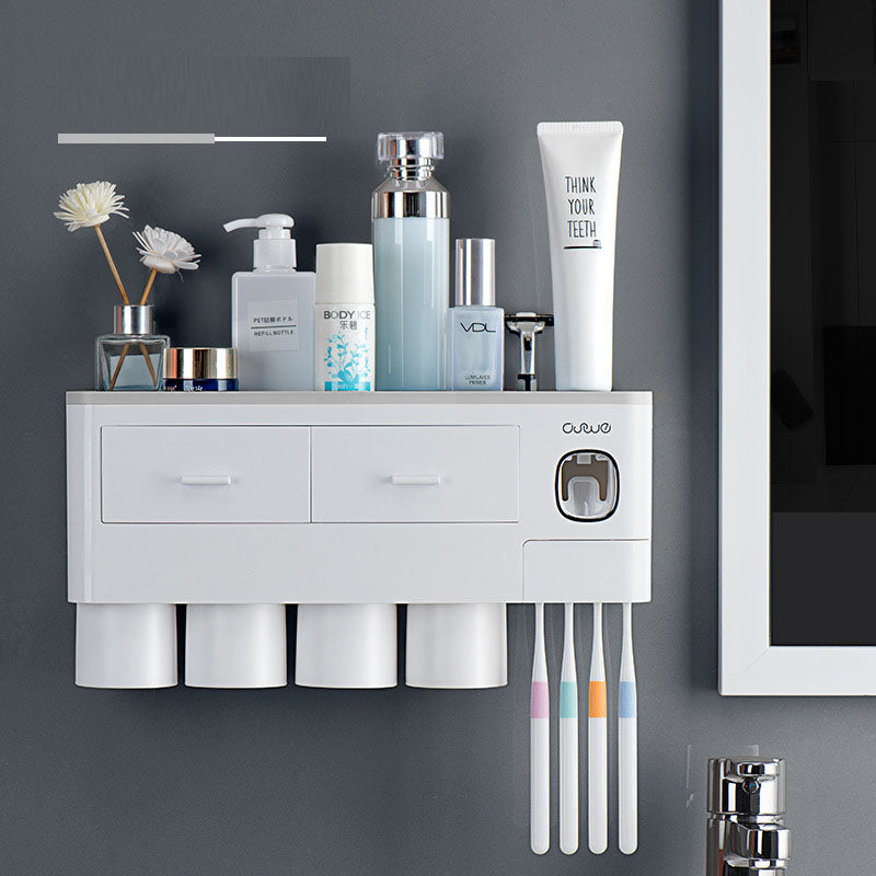 Wall-Mounted Toothbrush Holder Wash Set Household Magnetic Multi-Purpose Single Drawer Storage Rack With Toothpaste Squeezer