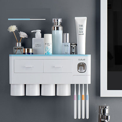 Wall-Mounted Toothbrush Holder Wash Set Household Magnetic Multi-Purpose Single Drawer Storage Rack With Toothpaste Squeezer