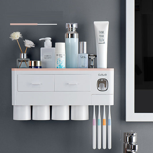 Wall-Mounted Toothbrush Holder Wash Set Household Magnetic Multi-Purpose Single Drawer Storage Rack With Toothpaste Squeezer