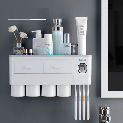 Wall-Mounted Toothbrush Holder Wash Set Household Magnetic Multi-Purpose Single Drawer Storage Rack With Toothpaste Squeezer